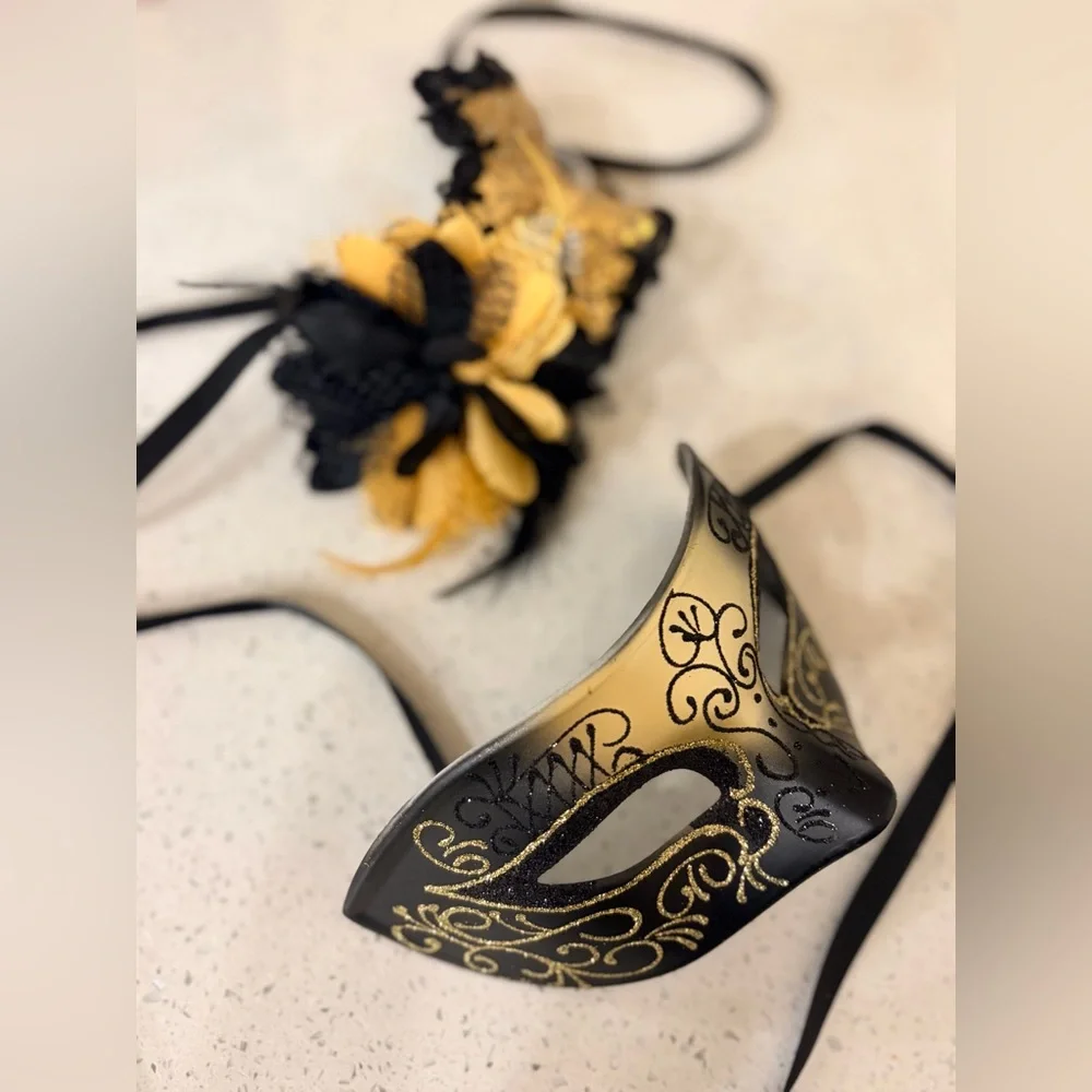Elegant Gold and Black Couples Masquerade Masks